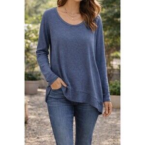 Soft Surroundings Long Sleeve Pullover Top XL Blue Scoop Neck Stretch Hem